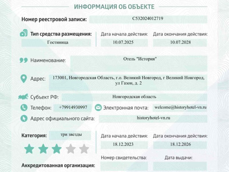 Выписка из единого реестра объектов классификации в сфере туристской индустрии